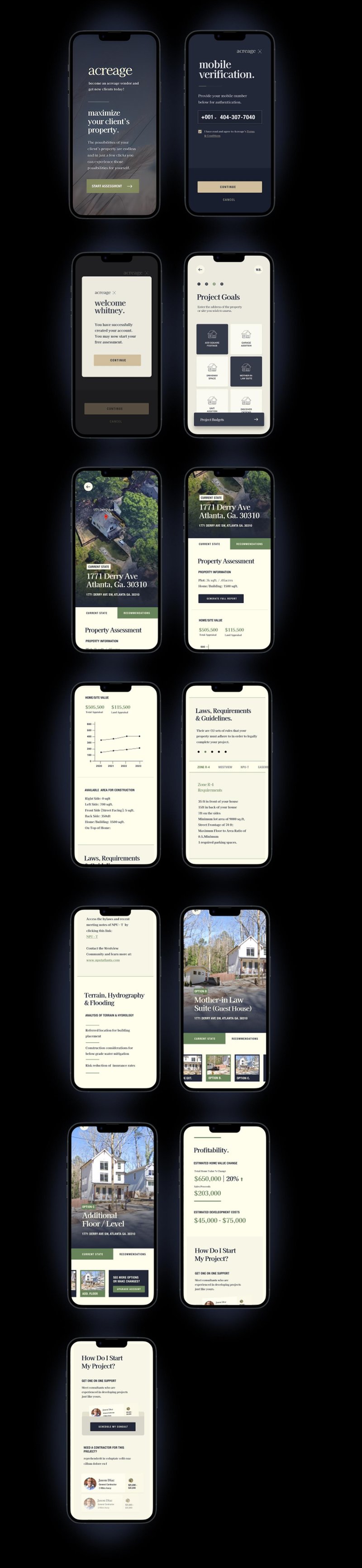 Acreage Mobile Application screens
