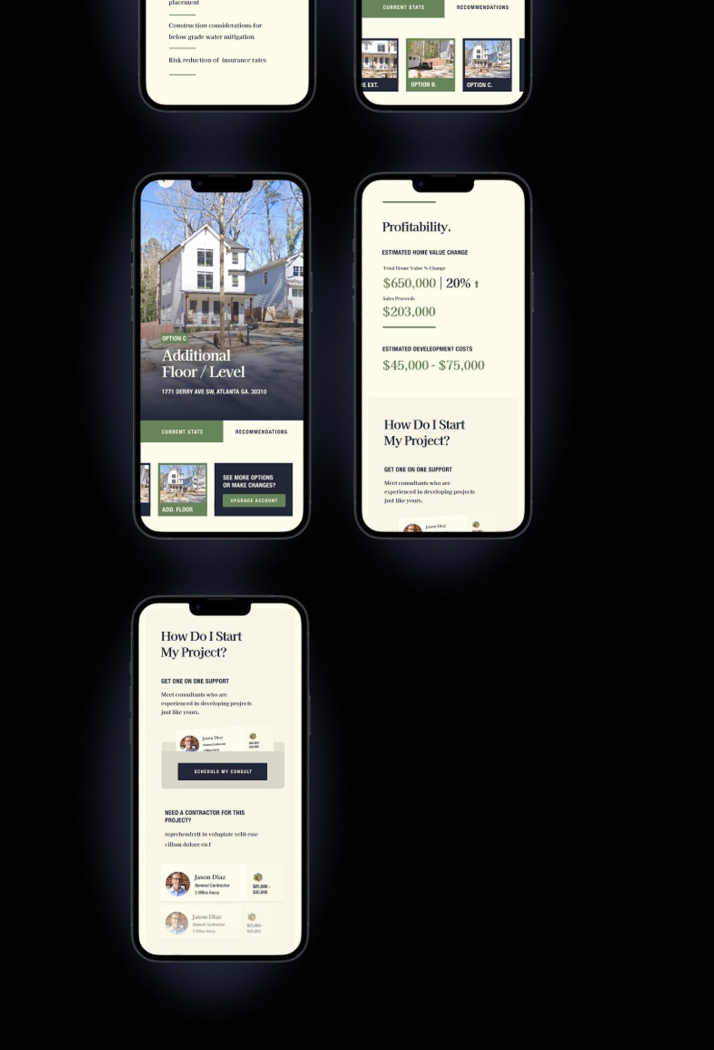 Acreage Mobile Application screens showing property assessment, land analysis, and project goals