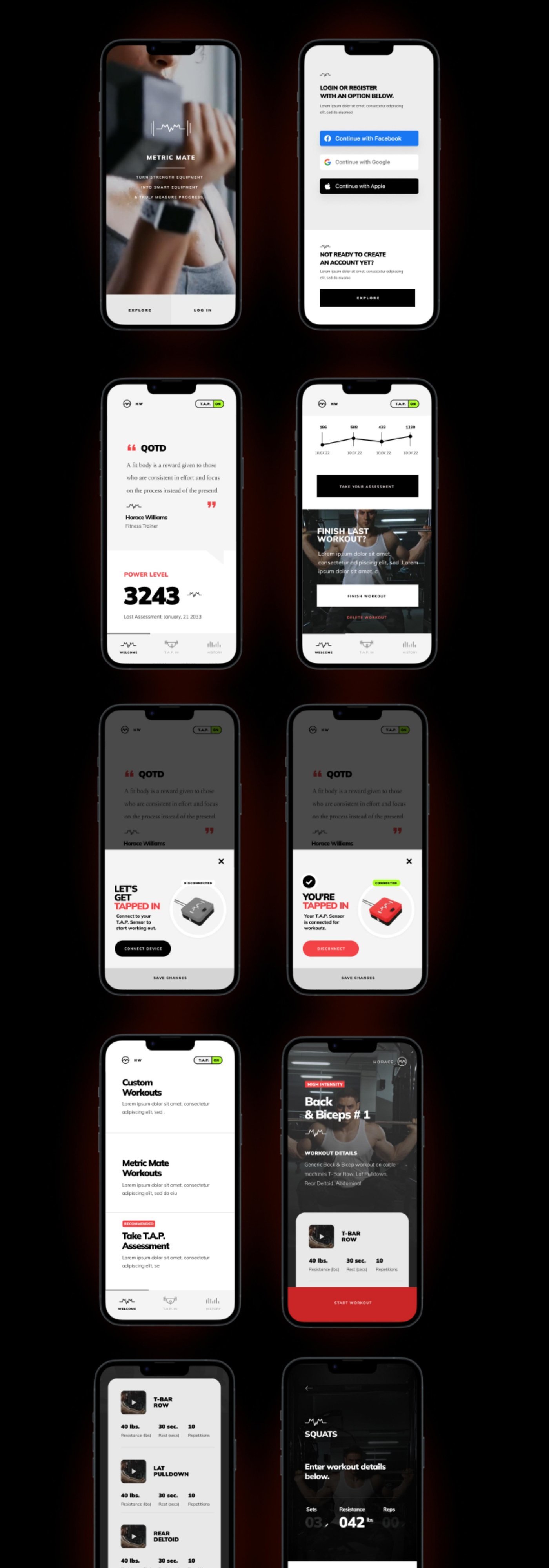 Metric Mate fitness app screens showing workouts, tracking, and strength training metrics