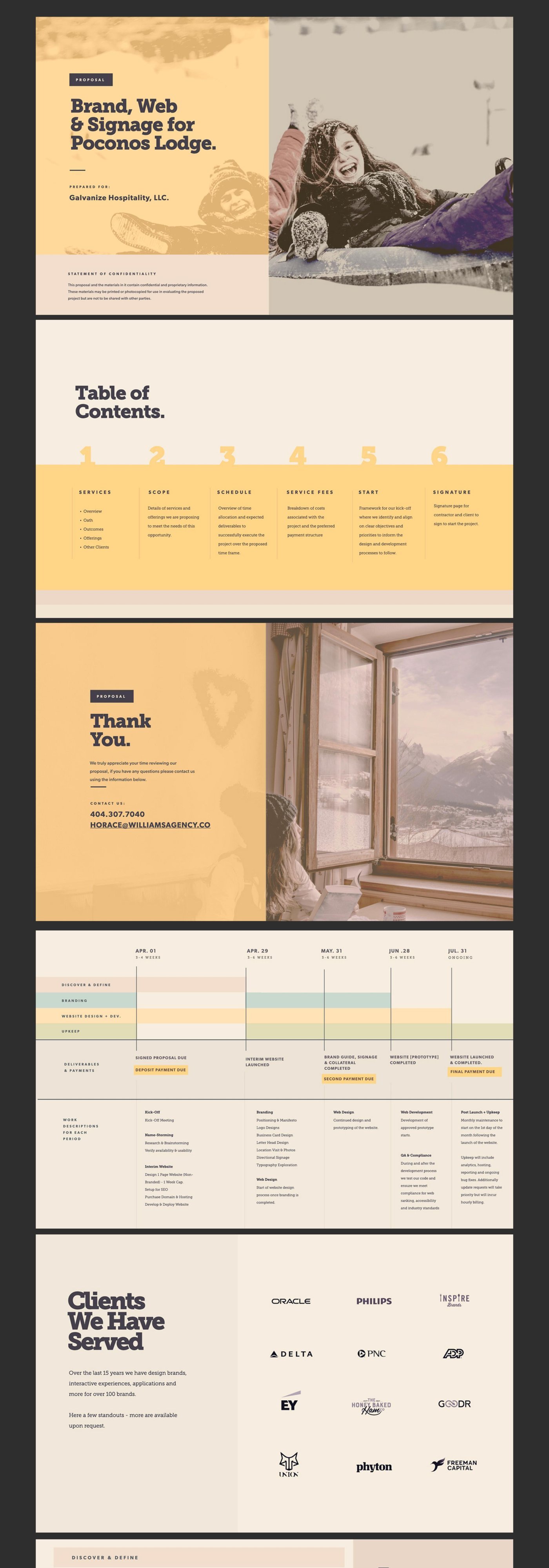 Galvanize Hospitality proposal showing branding, web design scope, timeline, and pricing