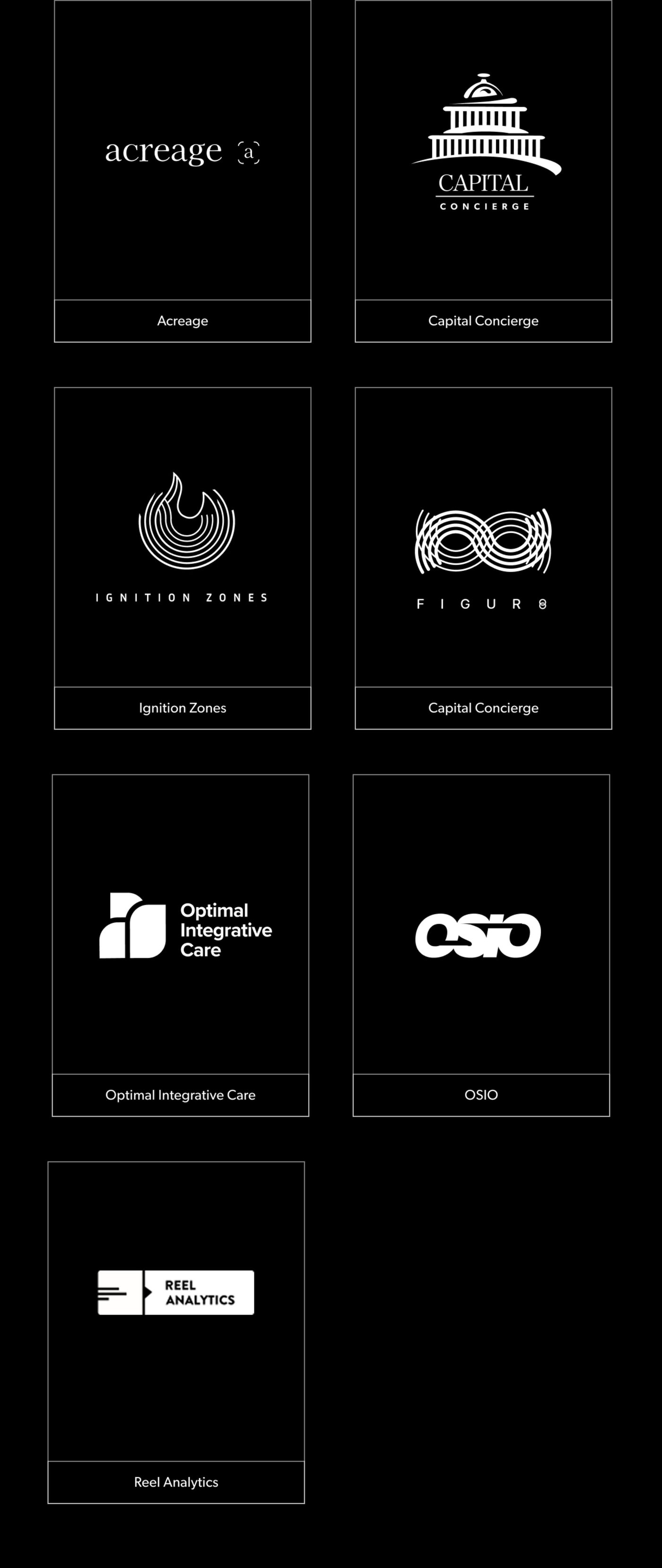 Collection of logo designs for Acreage, Capital Concierge, Ignition Zones, Figur8, OIC, OSIO, and Reel Analytics