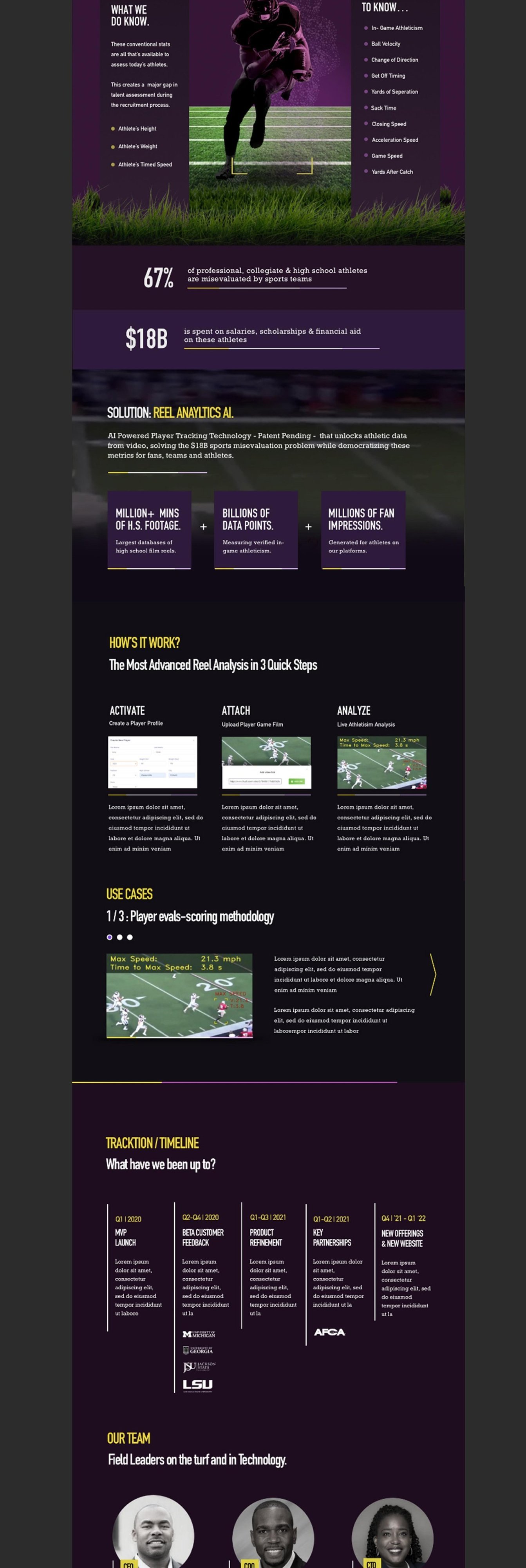 Reel Analytics sports tech website with AI features, recruiting tools, and athlete rankings