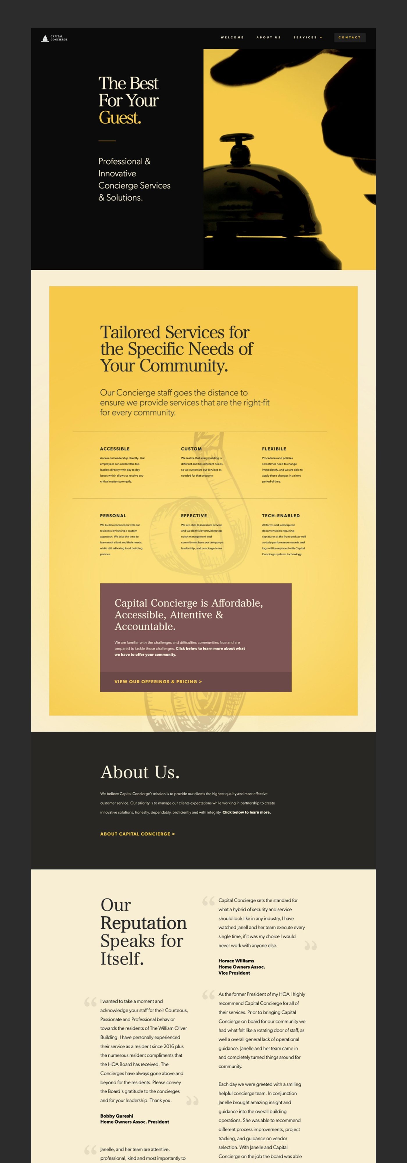 Capital Concierge website with service offerings, testimonials, and pricing