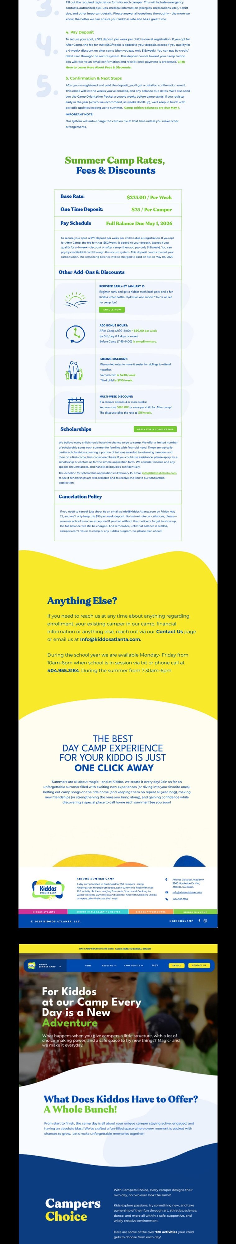 Children's camp website with enrollment info, activities, and parent resources