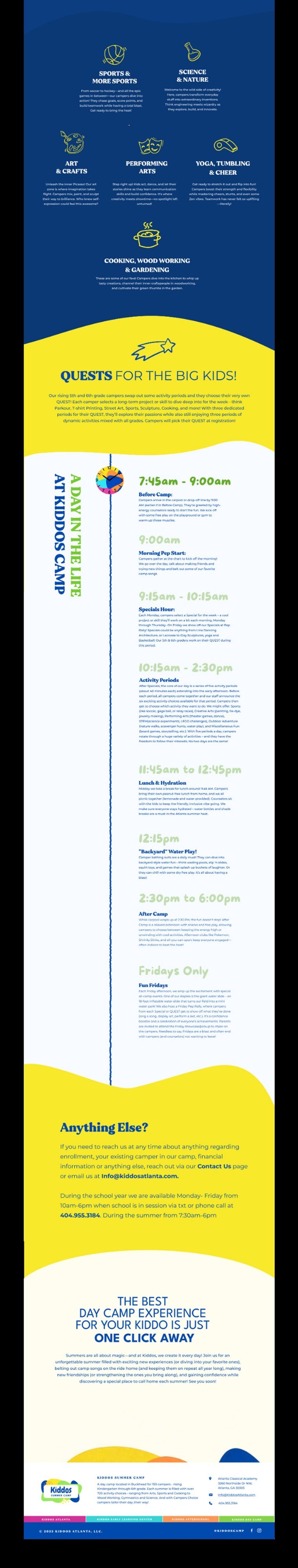 Children's camp website with enrollment info, activities, and parent resources